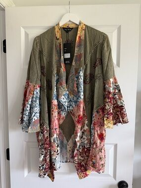 Young Threads Women's Patchwork Kimono Multicolor Embroidered Boho L NWT
